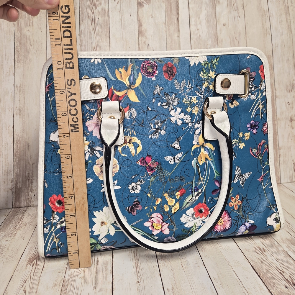 Dasein Floral Satchel Crossbody Bag Blue White Gold Hardware - Picture 5 of 14